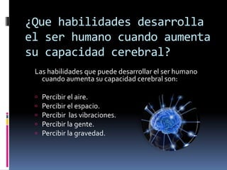 ¿Que habilidades desarrolla
el ser humano cuando aumenta
su capacidad cerebral?
Las habilidades que puede desarrollar el ser humano
cuando aumenta su capacidad cerebral son:
 Percibir el aire.
 Percibir el espacio.
 Percibir las vibraciones.
 Percibir la gente.
 Percibir la gravedad.
 