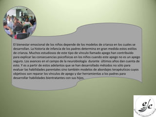 El bienestar emocional de los niños depende de los modelos de crianza en los cuales se 
desarrollan. La historia de infanc...