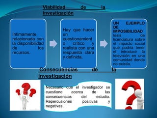 Íntimamente
relacionada con
la disponibilidad
de
los
recursos.

Hay que hacer
un
cuestionamient
o
crítico
y
realista con una
respuesta clara
y definida,

Consecuencias
investigación

de

Necesario que el investigador se
cuestione
acerca
de
las
consecuencias
del
estudio.
Repercusiones
positivas
y
negativas.

UN
EJEMPLO
DE
IMPOSIBILIDAD
tesis
de
licenciatura sobre
el impacto social
que podría tener
el introducir la
televisión en una
comunidad donde
no existía.

la

 