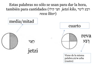 Estas palabras no sólo se usan para dar la hora,
también para cantidades (‫ חצי קילו‬jetzi kilo, ‫רבע ליטר‬
reva líter)

media/mitad

cuarto

reva
jetzi
Viene de la misma
palabra ‫ ארב ע‬arba
ּ‫ע‬
(cuatro)

 