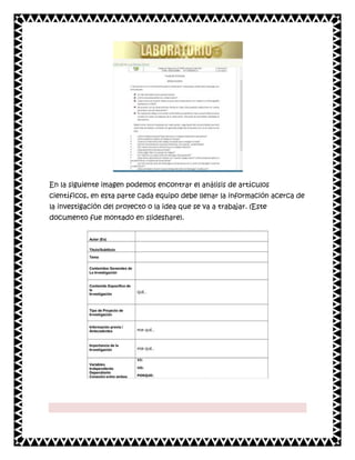 En la siguiente imagen podemos encontrar el análisis de artículos
científicos, en esta parte cada equipo debe llenar la información acerca de
la investigación del proyecto o la idea que se va a trabajar. (Este
documento fue montado en slideshare).

 