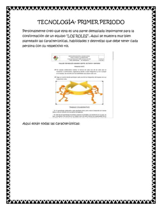 TECNOLOGÍA- PRIMER PERIODO
Personalmente creo que esta es una parte demasiada importante para la
conformación de un equipo “LOS ROLES”, Aquí se muestra muy bien
planteado las características, habilidades y destrezas que debe tener cada
persona con su respectivo rol.

Aquí están todas las características:

 