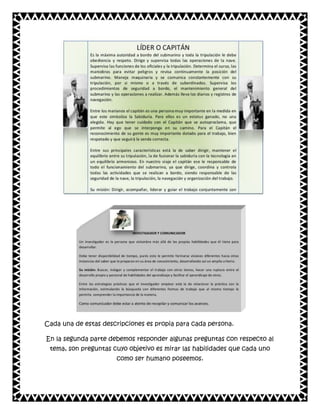 Cada una de estas descripciones es propia para cada persona.
En la segunda parte debemos responder algunas preguntas con respecto al
tema, son preguntas cuyo objetivo es mirar las habilidades que cada uno
como ser humano poseemos.

 