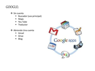 GOOGLE:
 Sin cuenta
 Buscador (uso principal)
 Maps
 You Tube
 Traductor
 Abriendo Una cuenta
 Gmail
 Drive
 Blog
 