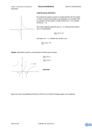 Colegio “ Oralia Guerra de Villarreal”     CÁLCULO DIFERENCIAL                           LÍMITES Y CONTINUIDAD
Conclusión:

                                         LIMITES EN EL INFINITO

                                         En ocasiones se requiere conocer el comportamiento de f(x) cuando
                                         x tiende a valores muy grandes o muy pequeños, y no acotados. Esto
                                         es, qué pasa con f(x) cuando x tiende al infinito (x→∞) o al menos
                                         infinito (x→-∞).

                                         De la figura podemos observar que si x→∞, entonces f(x) tiende a
                                         cero, y lo expresamos:


                                                                        lim f ( x)  0
                                                                        x 


                                         Así mismo, si x→-∞, también f(x) tiende a cero:


                                                 lim f ( x)  0
                                                x 




Ejemplo: analicemos la gráfica y encontremos los límites que se indican:


                                                   lim f ( x) 
                                                    x 

                                                    lim f ( x) 
                                                    x 




                                                   Conclusión:




Ejercicios: serie de problemas de límites al infinito y en el infinito (trabajo grupal, en el cuaderno).




AGOSTO 2012                                 ELABORÓ: ING. DALIA LEIJA
                                                                                                                 5
 