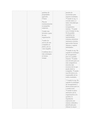 quiebras de        presión de
propiedades        accionistas para
agrícolas          mejorar resultados.
F/liares           *Cuando la org. A
                   crecido tanto y a
Plan de
                   tanta velocidad que
reestructuración
                   necesita
en pequeñas
                   reorganizarse
empresas.
                   interna/. *Cuando
Vender una         con el tiempo la org.
división o parte   No ha podido
de una             capitalizar las
organización       oportunidades
                   externas minimizar
Vender los         amenazas externas,
activos de una     aprovechar fuerzas
compañía en        internas y superar
partes, por su     debilidades.
valor tangible
                   *Cuando la org. Ha
Combinar dos o     seguido la estrategia
más estrategias    de encogimiento
al mismo           pero no a podido
tiempo             mejorar. *Cuando
                   una división para ser
                   más competitivos
                   necesita más
                   recursos de los que
                   puede darle la
                   compañía. *Cuando
                   una División es la
                   responsable de los
                   malos resultados
                   * Cuando la org. Ha
                   seguido la estrategia
                   de encogimiento y
                   desinversión pero no
                   a tenido éxito.
                   *Cuando la única
                   alternativa de la
                   organización es la
                   quiebra; la
                   liquidación
                   representa una
                   manera ordenada y
                   planificada para
                   obtener la mayor
 