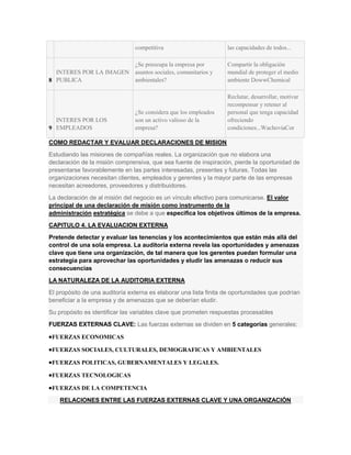 competitiva                        las capacidades de todos...

                        ¿Se preocupa la empresa por                Compartir la obligación
  INTERES POR LA IMAGEN asuntos sociales, comunitarios y           mundial de proteger el medio
8 PUBLICA               ambientales?                               ambiente DowwChemical

                                                                   Reclutar, desarrollar, motivar
                                                                   recompensar y retener al
                                ¿Se considera que los empleados    personal que tenga capacidad
  INTERES POR LOS               son un activo valioso de la        ofreciendo
9 EMPLEADOS                     empresa?                           condiciones...WachoviaCor

COMO REDACTAR Y EVALUAR DECLARACIONES DE MISION
Estudiando las misiones de compañías reales. La organización que no elabora una
declaración de la misión comprensiva, que sea fuente de inspiración, pierde la oportunidad de
presentarse favorablemente en las partes interesadas, presentes y futuras. Todas las
organizaciones necesitan clientes, empleados y gerentes y la mayor parte de las empresas
necesitan acreedores, proveedores y distribuidores.
La declaración de al misión del negocio es un vínculo efectivo para comunicarse. El valor
principal de una declaración de misión como instrumento de la
administración estratégica se debe a que especifica los objetivos últimos de la empresa.
CAPITULO 4. LA EVALUACION EXTERNA
Pretende detectar y evaluar las tenencias y los acontecimientos que están más allá del
control de una sola empresa. La auditoría externa revela las oportunidades y amenazas
clave que tiene una organización, de tal manera que los gerentes puedan formular una
estrategia para aprovechar las oportunidades y eludir las amenazas o reducir sus
consecuencias
LA NATURALEZA DE LA AUDITORIA EXTERNA
El propósito de una auditoría externa es elaborar una lista finita de oportunidades que podrían
beneficiar a la empresa y de amenazas que se deberían eludir.
Su propósito es identificar las variables clave que prometen respuestas procesables
FUERZAS EXTERNAS CLAVE: Las fuerzas externas se dividen en 5 categorías generales:

 FUERZAS ECONOMICAS

 FUERZAS SOCIALES, CULTURALES, DEMOGRAFICAS Y AMBIENTALES

 FUERZAS POLITICAS, GUBERNAMENTALES Y LEGALES.

 FUERZAS TECNOLOGICAS

 FUERZAS DE LA COMPETENCIA

    RELACIONES ENTRE LAS FUERZAS EXTERNAS CLAVE Y UNA ORGANIZACIÓN
 