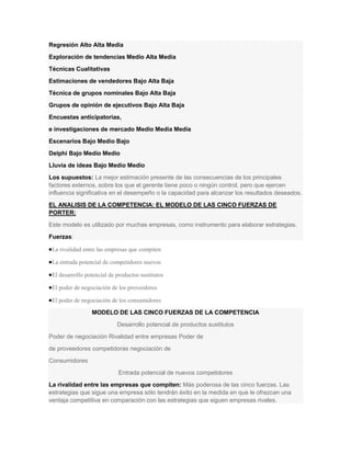 Regresión Alto Alta Media
Exploración de tendencias Medio Alta Media
Técnicas Cualitativas
Estimaciones de vendedores Bajo Alta Baja
Técnica de grupos nominales Bajo Alta Baja
Grupos de opinión de ejecutivos Bajo Alta Baja
Encuestas anticipatorias,
e investigaciones de mercado Medio Media Media
Escenarios Bajo Medio Bajo
Delphi Bajo Medio Medio
Lluvia de ideas Bajo Medio Medio
Los supuestos: La mejor estimación presente de las consecuencias de los principales
factores externos, sobre los que el gerente tiene poco o ningún control, pero que ejercen
influencia significativa en el desempeño o la capacidad para alcanzar los resultados deseados.
EL ANALISIS DE LA COMPETENCIA: EL MODELO DE LAS CINCO FUERZAS DE
PORTER:
Este modelo es utilizado por muchas empresas, como instrumento para elaborar estrategias.
Fuerzas:

 La rivalidad entre las empresas que compiten

 La entrada potencial de competidores nuevos

 El desarrollo potencial de productos sustitutos

 El poder de negociación de los proveedores

 El poder de negociación de los consumidores

                 MODELO DE LAS CINCO FUERZAS DE LA COMPETENCIA
                            Desarrollo potencial de productos sustitutos
Poder de negociación Rivalidad entre empresas Poder de
de proveedores competidoras negociación de
Consumidores
                             Entrada potencial de nuevos competidores
La rivalidad entre las empresas que compiten: Más poderosa de las cinco fuerzas. Las
estrategias que sigue una empresa sólo tendrán éxito en la medida en que le ofrezcan una
ventaja competitiva en comparación con las estrategias que siguen empresas rivales.
 