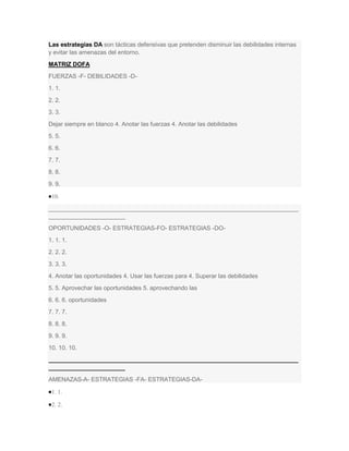 Las estrategias DA son tácticas defensivas que pretenden disminuir las debilidades internas
y evitar las amenazas del entorno.
MATRIZ DOFA
FUERZAS -F- DEBILIDADES -D-
1. 1.
2. 2.
3. 3.
Dejar siempre en blanco 4. Anotar las fuerzas 4. Anotar las debilidades
5. 5.
6. 6.
7. 7.
8. 8.
9. 9.

 10.

___________________________________________________________________________
_______________________
OPORTUNIDADES -O- ESTRATEGIAS-FO- ESTRATEGIAS -DO-
1. 1. 1.
2. 2. 2.
3. 3. 3.
4. Anotar las oportunidades 4. Usar las fuerzas para 4. Superar las debilidades
5. 5. Aprovechar las oportunidades 5. aprovechando las
6. 6. 6. oportunidades
7. 7. 7.
8. 8. 8.
9. 9. 9.
10. 10. 10.
___________________________________________________________________________
_______________________
AMENAZAS-A- ESTRATEGIAS -FA- ESTRATEGIAS-DA-

 1. 1.

 2. 2.
 