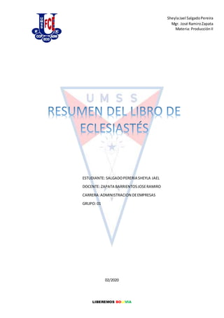 LIBEREMOS BOLIVIA
SheylaJael SalgadoPereira
Mgr. José RamiroZapata
Materia: ProducciónII
ESTUDIANTE: SALGADOPERERIA SHEYLA JAEL
DOCENTE: ZAPATA BARRIENTOSJOSERAMIRO
CARRERA:ADMINISTRACION DEEMPRESAS
GRUPO: 01
02/2020
 