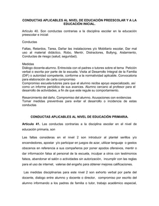 CONDUCTAS APLICABLES AL NIVEL DE EDUCACIÓN PREESCOLAR Y A LA
EDUCACIÓN INICIAL.
Artículo 40. Son conductas contrarias a la disciplina escolar en la educación
preescolar e inicial:
Conductas
Faltas, Retardos, Tarea, Dañar las instalaciones y/o Mobiliario escolar, Dar mal
uso al material didáctico, Robo, Mentir, Distractores, Bullyng, Aislamiento,
Conductas de riesgo (salud, seguridad).
Medidas
Diálogo docente-alumno. Entrevista con el padres o tutores sobre el tema Petición
verbal o escrita por parte de la escuela. Visita al Desarrollo Integral de la Familia
(DIF) o autoridad competente, conforme a la normatividad aplicable. Convocatoria
para elaboración de carta compromiso
Compromiso escuela-tutores para que el alumno reciba apoyo especializado, así
como un informe periódico de sus avances. Alumno cercano al profesor para el
desarrollo de actividades, a fin de que este regule su comportamiento.
Resarcimiento del daño. Compromiso del alumno. Acusaciones con evidencias
Tomar medidas preventivas para evitar el desarrollo o incidencia de estas
conductas
CONDUCTAS APLICABLES AL NIVEL DE EDUCACIÓN PRIMARIA.
Artículo 41. Las conductas contrarias a la disciplina escolar en el nivel de
educación primaria, son
Las faltas consideras en el nivel 2 son introducir al plantel serillos y/o
encendedores, apostar y/o participar en juegos de azar, utilizar lenguaje o gestos
obscenos en referencia a sus compañeros por poner apodos ofensivos, mentir o
dar información falsa al personal de la escuela, inculpar a otros con testimonios
falsos, abandonar el salón o actividades sin autorización, incumplir con las reglas
para el uso de internet, valerse del engaño para obtener mejores calificaciones.
Las medidas disciplinarias para este nivel 2 son exhorto verbal por parte del
docente, dialogo entre alumno y docente o director, compromiso por escrito del
alumno informando a los padres de familia o tutor, trabajo académico especial,
 