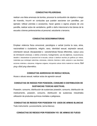 CONDUCTAS PELIGROSAS.
realizar una falsa amenaza de bomba, provocar la combustión de objetos o riesgo
de incendio, Incurrir en conductas que puedan asociarse con pandillas, por
ejemplo: Utilizar prendas o accesorios, hacer gestos o signos propios de una
pandilla, realizar actos de vandalismo, grafiti o daño intencional a los bienes de la
escuela o bienes pertenecientes al personal, estudiante o terceros.
CONDUCTAS DESCRIMINATORIAS
Emplear violencia física emocional, psicológica o verbal (contra la raza, etnia,
nacionalidad o ciudadanía, religión, sexo, identidad sexual, expresión sexual,
orientación sexual, discapacidad o características físicas diferentes. realizar actos
de intimidación amenaza. o daños a terceros, hostigamiento, uso de adjetivos, insubordinarse;
desafiar o desobedecer al personal de la escuela, colocar o distribuir escritos y/o gráficos y/o videos,
materiales que contengan calumnias, amenazas, violencia, lesiones o daño, perjuicio o que describan
acciones violentas u obscenas, imágenes vulgares, incluyendo colocar dicho material en internet, Bull
ying o Bull ying cibernético.
CONDUCTAS AGRESIVAS DE INDOLE SEXUAL
Acoso o abuso sexual, realizar actos de agresión sexual
CONDUCTAS DE RIESGO POR POSESION, CONSUMO O DISTRIBUCION DE
SUSTANCIAS TOXICAS ADICTIVAS.
Posesión, consumo, distribución de sustancias posesión, consumo, distribución de
medicamento, posesión, consumo, distribución de sustancias industriales
utilización de productos químicos mortales o peligrosos.
CONDUCTAS DE RIESGO POR POSESION Y/O USOS DE ARMAS BLANCAS
Todo instrumento punzocortante; (arma blanca).
CONDUCTAS DE RIESGO POR POSESION Y/O DE ARMAS DE FUEGO
 
