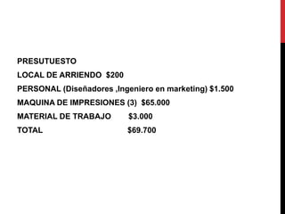 PRESUTUESTO
LOCAL DE ARRIENDO $200
PERSONAL (Diseñadores ,Ingeniero en marketing) $1.500
MAQUINA DE IMPRESIONES (3) $65.000
MATERIAL DE TRABAJO
$3.000
TOTAL
$69.700
