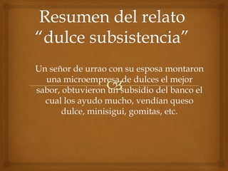 Un señor de urrao con su esposa montaron
  una microempresa de dulces el mejor
sabor, obtuvieron un subsidio del banco el
  cual los ayudo mucho, vendían queso
       dulce, minisigui, gomitas, etc.
 