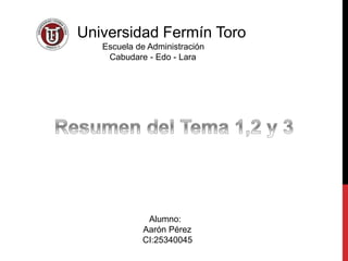 Universidad Fermín Toro
Escuela de Administración
Cabudare - Edo - Lara
Alumno:
Aarón Pérez
CI:25340045
 