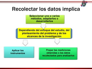 Recolectar los datos implica
                Seleccionar uno o varios
                 métodos, adaptarlos o
                     desarrollarlos


       Dependiendo del enfoque del estudio, del
         planteamiento del problema y de los
             alcances de la investigación




  Aplicar los                Prepar las mediciones
instrumentos                  obtenidas o los datos
                          recolectados para analizarlos
 