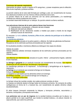 Funciones del aparato respiratorio:
Intercambio de gases, ayuda a regular el Ph sanguíneo, y posee receptores para la olfacción,
filtra el aire inspirado y produce sonidos.
La porción externa de la nariz está formada por cartílago y piel, con revestimiento de mucosa.
Sus aberturas al exterior son los mismos orificios anteriores de la nariz.
La porción interna de la nariz se comunica con los senos paranasales y la nasofaringe
mediante los orificios posteriores de la nariz.
La cavidad nasal está dividida por un tabique. Su porción anterior se llama vestíbulo.
Las estructuras internas de la nariz externa tienen tres funciones
1) Calentamiento, humectación, y filtración del aire inhalado
2) Detección del estímulo olfatorio
3) Modificación de las vibraciones vocales a medida que pasan a través de las largas
cámaras huecas de resonancia
En resumen: La nariz calienta, humecta y filtra el aire, además de participar en la olfacción
y fonación.
La membrana pituitaria:
Membrana amarilla ubicada en la parte superior u olfatoria, Se halla las glándulas de Bowman
Receptoras de los estímulos químicos provocados por los vapores.
En la pituitaria amarilla o membrana olfatoria se distinguen tres capas de células:
Células de sostén
Células olfatorias (células nerviosas receptoras de los estímulos químicos provocados por los
vapores.)
Células basales.
Las olfatorias son Membrana roja ubicada en la parte inferior profusamente irrigada, calientan
el aire inspirado.
La faringe o garganta es un conducto muscular con revestimiento de mucosa. Sus regiones
anatómicas son las nasofaringe, Bucofaringe y laringofaringe.
La nasofaringe participa en la respiración, la Bucofaringe y laringofaringe en la digestión y
respiración.
La laringe es un conducto que conecta la faringe con la tráquea.
Incluye el cartílago tiroides;
La epiglotis la cual impide que los alimentos entren en la laringe;
El cartílago cricoides, que conecta la laringe con la tráquea, y
Pares de cartílagos aritenoides.
La laringe incluye las cuerdas vocales, las cuales producen sonidos al vibrar.
La tráquea se extiende desde la faringe hasta los bronquios primarios. Se compone de anillos
cartilaginosos en forma de C y músculo liso, con revestimiento de epitelio cilíndrico ciliado
seudoestraficado.
El árbol traqueo bronquial comprende la tráquea y bronquios primarios, secundarios y
terciarios, bronquiolos y bronquiolos terminales.
Los pulmones son un par de órganos de la cavidad torácica envueltos por la pleura. La
pleura parietal es la capa superficial, que reviste la cavidad torácica, y la pleura visceral, la
capa profunda, que cubre los pulmones.
 