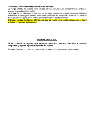 Transporte, almacenamiento y eliminación de orina.
La vejiga urinaria se localiza en la cavidad pélvica, su función es almacenar orina antes de
que sea evacuada por la micción.
La uretra es un tubo que va del piso de la vejiga urinaria al exterior. Sus características
anatómicas e histológicas difieren en mujeres y varones. En ambos la función de la uretra es
descargar la orina del cuerpo; en los varones también de salida al semen.
El trígono vesical (vejiga) es el triángulo que se forma en la vejiga, originado por los 3
orificios, 2 uréteres y una uretra.
SISTEMA ENDOCRINO
Es el conjunto de órganos que segregan hormonas que son liberadas al torrente
sanguíneo, y regulan algunas funciones del cuerpo.
Función: Controla, coordina y comunica las funciones del organismo en nuestro cuerpo.
 