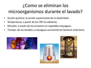 ¿Como se eliminan los
microorganismos durante el lavado?
• Acción química: la acción cauterizante de la alcalinidad.
• Temperatura: a partir de los 70º en adelante.
• Dilución: a través de los arrastres en repetidos enjuagues.
• Tiempo: de los lavados y enjuagues acrecienta los factores anteriores.
 