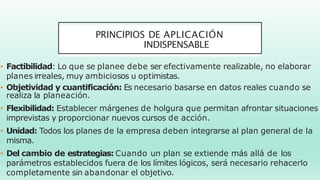 PRINCIPIOS DE APLICACIÓN
INDISPENSABLE
• Factibilidad: Lo que se planee debe ser efectivamente realizable, no elaborar
planes irreales, muy ambiciosos u optimistas.
• Objetividad y cuantificación: Es necesario basarse en datos reales cuando se
realiza la planeación.
• Flexibilidad: Establecer márgenes de holgura que permitan afrontar situaciones
imprevistas y proporcionar nuevos cursos de acción.
• Unidad: Todos los planes de la empresa deben integrarse al plan general de la
misma.
• Del cambio de estrategias: Cuando un plan se extiende más allá de los
parámetros establecidos fuera de los límites lógicos, será necesario rehacerlo
completamente sin abandonar el objetivo.
 