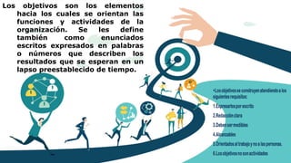 Los objetivos son los elementos
hacia los cuales se orientan las
funciones y actividades de la
organización. Se les define
también como enunciados
escritos expresados en palabras
o números que describen los
resultados que se esperan en un
lapso preestablecido de tiempo.
 