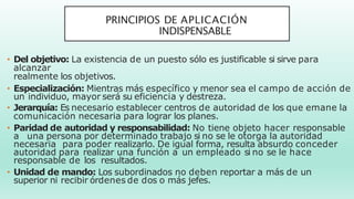 PRINCIPIOS DE APLICACIÓN
INDISPENSABLE
• Del objetivo: La existencia de un puesto sólo es justificable si sirve para
alcanzar
realmente los objetivos.
• Especialización: Mientras más específico y menor sea el campo de acción de
un individuo, mayor será su eficiencia y destreza.
• Jerarquía: Es necesario establecer centros de autoridad de los que emane la
comunicación necesaria para lograr los planes.
• Paridad de autoridad y responsabilidad: No tiene objeto hacer responsable
a una persona por determinado trabajo si no se le otorga la autoridad
necesaria para poder realizarlo. De igual forma, resulta absurdo conceder
autoridad para realizar una función a un empleado si no se le hace
responsable de los resultados.
• Unidad de mando: Los subordinados no deben reportar a más de un
superior ni recibir órdenes de dos o más jefes.
 