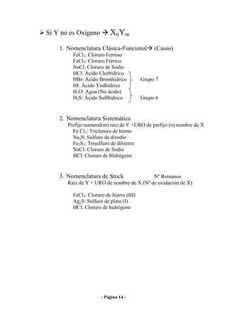 Si Y no es Oxígeno        XnYm
    1. Nomenclatura Clásica-Funcional          (Casos)
         FeCl2: Cloruro Ferroso
         FeCl3: Cloruro Férrico
         NaCl: Cloruro de Sodio
         HCl: Ácido Clorhídrico
         HBr: Ácido Bromhídrico           Grupo 7
         HI: Ácido Yodhídrico
         H2O: Agua (No ácido)
         H2S: Ácido Sulfhídrico           Grupo 6


    2. Nomenclatura Sistemática
       Prefijo numeral(m) raíz de Y +URO de prefijo (n) nombre de X
         Fe Cl3: Tricloruro de hierro
         Na2S: Sulfuro de disodio
         Fe2S3: Trisulfuro de dihierro
         NaCl: Cloruro de Sodio
         HCl: Cloruro de Hidrógeno


    3. Nomenclatura de Stock               Nº Romanos
       Raíz de Y + URO de nombre de X (Nº de oxidación de X)

         FeCl3: Cloruro de hierro (III)
         Ag2S: Sulfuro de plata (I)
         HCl: Cloruro de hidrógeno




                      - Página 14 -
 