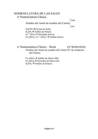 NOMENCLATURA DE LAS SALES
   Nomenclatura Clásica
                                                    oso
       Nombre del Anión de nombre del Catión
                                                    ico
       NaClO3 Clorato de Sodio
       K2SO4 Sulfato de Potasio
       Fe+2 (IO4)2 Periodato ferroso
       Fe2 (SO4)3: Fe+3 (SO4)-2 Sulfato férrico



   Nomenclatura Clásica – Stock                   (Nº ROMANOS)
       Nombre del Anión de nombre del Catión (Nº de oxidación
         del Catión)

       Fe2 (SO4)3 Sulfato de Hierro (III)
       Fe2 (IO4)2 Periodato de Hierro (II)
       K2SO4 Sulfato de Potasio.




                          - Página 19 -
 