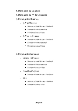 4. Definición de Valencia
5. Definición de Nº de Oxidación
6. Compuestos Binarios
       Si Y es Oxígeno
               Nomenclatura Clásica – Funcional
               Nomenclatura Sistemática
               Nomenclatura de Stock
       Si Y no es Oxígeno
               Nomenclatura Clásica – Funcional
               Nomenclatura Sistemática
               Nomenclatura de Stock



7. Compuestos ternarios
       Bases o Hidróxidos
               Nomenclatura Clásica – Funcional
               Nomenclatura Sistemática
               Nomenclatura de Stock
       Oxácidos (Ácidos)
               Nomenclatura Clásica – Funcional
       Sales
               Nomenclatura Clásica – Funcional
               Nomenclatura de Stock




                        - Página 3 -
 