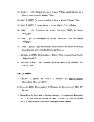 35. Smith, F. (1989). Comprensión de la lectura. Análisis psicolingüístico de la
lectura su aprendizaje. México: Trillas.
36. Smith, F. (1990). Para darle sentido a la lectura. Madrid: Editorial Trillas.
37. Smith, F. (1995). Comprensión de la lectura. Madrid: Editorial Trillas.
38. Solé, I. (1999). Estrategias de lectura. Barcelona: GRAÓ de Serveis
Pedagógics.
39. Solé, I. (2000). Estrategias de lectura. Barcelona: Graó de Serveis
Pedagógics.
40. Torres, P. (2005). Tipos de inferencia en la comprensión lectora de alumnos
de sexto grado. Universidad autónoma de Durango.
41. Santrock, J. (2004). Consideraciones Básicas Para un Aprendizaje. Trujillo:
Alejandría S.A.C.
42. Velázquez & Rey. (1999). Metodología de la investigación científica. San
Marcos, Lima
LINKOGRAFÍA:
1. Cassany, D. (2007). Yo escribo, tú escribes. En: sepiensa.org.mx.
(Consultado 28 de abril, 2007).
2. Krüger, K. (2006), El concepto de la 'Sociedad del Conocimiento'. Biblio 3W,
Revista
3. Bibliográfica de Geografía y Ciencias Sociales, Universidad de Barcelona,
Vol. XI, nº 683, 25 de septiembre de 2006. Consultado el 10 de septiembre
de 2010. Disponible en: http://www.ub.es/geocrit/b3w-683.htm.
 