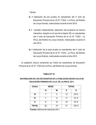 Dónde:
01 = Aplicación de pre prueba en estudiantes del V ciclo de
Educación Primaria de la I.E N° 17223 - La Pirca, del Distrito
de Lonya Grande, matriculados durante el año 2012.
X = Variable independiente: aplicación del programa de lectura
interactiva, basado en el uso de la laptop XO, en estudiantes
del V ciclo de Educación Primaria de la I.E N° 17223 - La
Pirca, del Distrito de Lonya Grande, matriculados durante el
año 2012.
02 = Aplicación de la post prueba en estudiantes del V ciclo de
Educación Primaria de la I.E N° 17223 - La Pirca, del Distrito
de Lonya Grande, matriculados durante el año 2012.
La población estuvo constituida por todos los estudiantes de Educación
Primaria de la I.E N° 17223 de La Pirca, del Distrito de Lonya Grande.
TABLA N° 01
DISTRIBUCIÓN DE LOS ESTUDIANTES DE LA POBLACIÓN SEGÚN CICLO DE
EDUCACIÓN PRIMARIA DE LA I.E. DE LA PIRCA, 2011.
Ciclos SEXO TOTAL
H M fi %
III 7 5 12 29 %
IV 7 4 11 27 %
V 8 10 18 44 %
TOTAL 22 19 41 100 %
Fuente: Nómina de matrícula 2011.
 