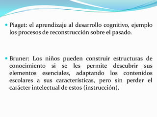  Piaget: el aprendizaje al desarrollo cognitivo, ejemplo

los procesos de reconstrucción sobre el pasado.

 Bruner: Los niños pueden construir estructuras de
conocimiento si se les permite descubrir sus
elementos esenciales, adaptando los contenidos
escolares a sus características, pero sin perder el
carácter intelectual de estos (instrucción).

 