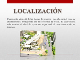 • Cuanto más lejos esté de las fuentes de insumos , más alto será el costo de
abastecimiento, produciendo una des-economía de escala. Es decir cuanto
más aumente el nivel de operación mayor será el costo unitario de los
insumos.
 