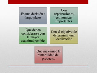 Es una decisión a
largo plazo
Con
repercusiones
económicas
importantes
Que deben
considerarse con
la mayor
exactitud posible.
Con el objetivo de
determinar una
localización
Que maximice la
rentabilidad del
proyecto.
 