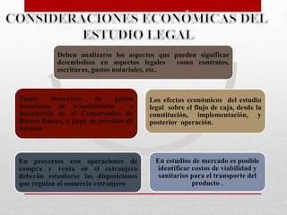 Deben analizarse los aspectos que pueden significar
desembolsos en aspectos legales como contratos,
escrituras, gastos notariales, etc.
Los efectos económicos del estudio
legal sobre el flujo de caja, desde la
constitución, implementación, y
posterior operación.
En estudios de mercado es posible
identificar costos de viabilidad y
sanitarios para el transporte del
producto .
En proyectos con operaciones de
compra y venta en el extranjero
deberán estudiarse las disposiciones
que regulan el comercio extranjero
Puede incurrirse en gastos
notariales, de transferencia , e
inscripción en el Conservador de
Bienes Raíces, o pago de estudios de
terreno.
 