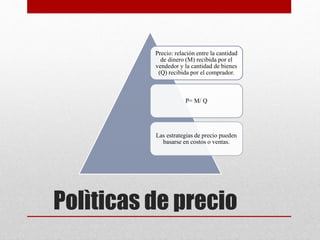 Polìticas de precio
Precio: relación entre la cantidad
de dinero (M) recibida por el
vendedor y la cantidad de bienes
(Q) recibida por el comprador.
P= M/ Q
Las estrategias de precio pueden
basarse en costos o ventas.
 