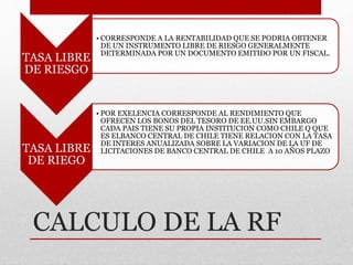 CALCULO DE LA RF
TASA LIBRE
DE RIESGO
• CORRESPONDE A LA RENTABILIDAD QUE SE PODRIA OBTENER
DE UN INSTRUMENTO LIBRE DE RIESGO GENERALMENTE
DETERMINADA POR UN DOCUMENTO EMITIDO POR UN FISCAL.
TASA LIBRE
DE RIEGO
• POR EXELENCIA CORRESPONDE AL RENDIMIENTO QUE
OFRECEN LOS BONOS DEL TESORO DE EE.UU.SIN EMBARGO
CADA PAIS TIENE SU PROPIA INSTITUCION COMO CHILE Q QUE
ES ELBANCO CENTRAL DE CHILE TIENE RELACION CON LA TASA
DE INTERES ANUALIZADA SOBRE LA VARIACION DE LA UF DE
LICITACIONES DE BANCO CENTRAL DE CHILE A 10 AÑOS PLAZO
 