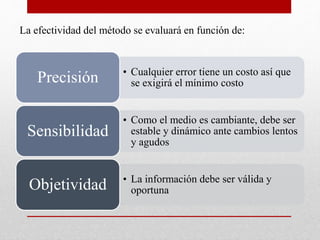 • Cualquier error tiene un costo así que
se exigirá el mínimo costoPrecisión
• Como el medio es cambiante, debe ser
estable y dinámico ante cambios lentos
y agudos
Sensibilidad
• La información debe ser válida y
oportunaObjetividad
La efectividad del método se evaluará en función de:
 