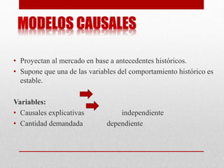 • Proyectan al mercado en base a antecedentes históricos.
• Supone que una de las variables del comportamiento histórico es
estable.
Variables:
• Causales explicativas independiente
• Cantidad demandada dependiente
 