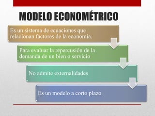 Es un sistema de ecuaciones que
relacionan factores de la economía.
Para evaluar la repercusión de la
demanda de un bien o servicio
No admite externalidades
Es un modelo a corto plazo
MODELO ECONOMÉTRICO
 