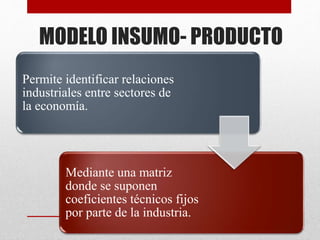 Permite identificar relaciones
industriales entre sectores de
la economía.
Mediante una matriz
donde se suponen
coeficientes técnicos fijos
por parte de la industria.
MODELO INSUMO- PRODUCTO
 