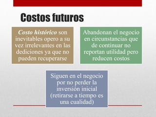 Costos futuros
Costo histórico son
inevitables opero a su
vez irrelevantes en las
dediciones ya que no
pueden recuperarse
Abandonan el negocio
en circunstancias que
de continuar no
reportan utilidad pero
reducen costos
Siguen en el negocio
por no perder la
inversión inicial
(retirarse a tiempo es
una cualidad)
 