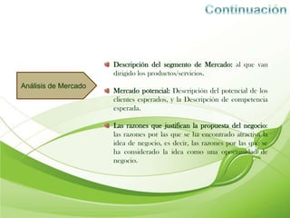 Descripción del segmento de Mercado: al que van
                      dirigido los productos/servicios.
Análisis de Mercado
                      Mercado potencial: Descripción del potencial de los
                      clientes esperados, y la Descripción de competencia
                      esperada.

                      Las razones que justifican la propuesta del negocio:
                      las razones por las que se ha encontrado atractiva la
                      idea de negocio, es decir, las razones por las que se
                      ha considerado la idea como una oportunidad de
                      negocio.
 