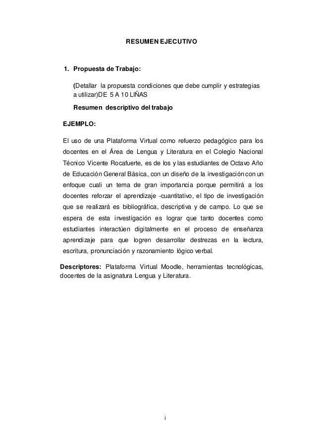 i resumen ejecutivo 1 propuesta de trabajo detallar la propuesta condiciones que debe