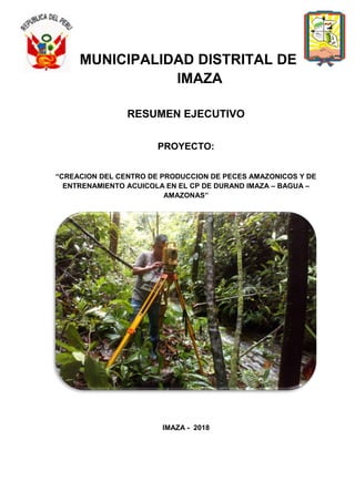 MUNICIPALIDAD DISTRITAL DE
IMAZA
RESUMEN EJECUTIVO
PROYECTO:
“CREACION DEL CENTRO DE PRODUCCION DE PECES AMAZONICOS Y DE
ENTRENAMIENTO ACUICOLA EN EL CP DE DURAND IMAZA – BAGUA –
AMAZONAS”
IMAZA - 2018
 
