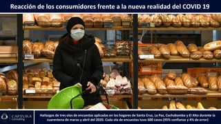 Reacción de los consumidores frente a la nueva realidad del COVID 19
Hallazgos de tres olas de encuestas aplicadas en los hogares de Santa Cruz, La Paz, Cochabamba y El Alto durante la
cuarentena de marzo y abril del 2020. Cada ola de encuestas tuvo 600 casos (95% confianza y 4% de error)
 