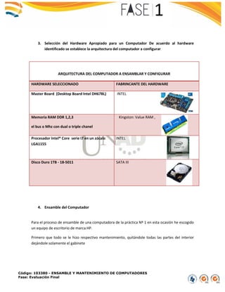 Código: 103380 - ENSAMBLE Y MANTENIMIENTO DE COMPUTADORES
Fase: Evaluación Final
3. Selección del Hardware Apropiado para un Computador De acuerdo al hardware
identificado se establece la arquitectura del computador a configurar
ARQUITECTURA DEL COMPUTADOR A ENSAMBLAR Y CONFIGURAR
HARDWARE SELECCIONADO FABRINCANTE DEL HARDWARE
Master Board (Desktop Board Intel DH67BL) INTEL
Memoria RAM DDR 1,2,3
el bus o Mhz con dual o triple chanel
Kingston: Value RAM ,
Procesador Intel® Core serie i7 en un zócalo
LGA1155
INTEL
Disco Duro 1TB - 18-5011 SATA III
4. Ensamble del Computador
Para el proceso de ensamble de una computadora de la práctica Nº 1 en esta ocasión he escogido
un equipo de escritorio de marca HP.
Primero que todo se le hizo respectivo mantenimiento, quitándole todas las partes del interior
dejándole solamente el gabinete
 