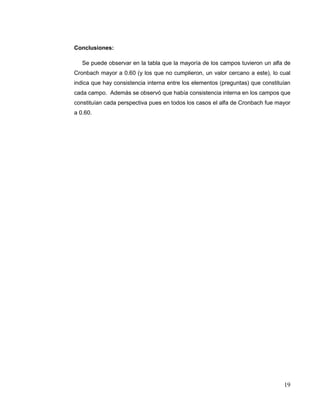 19
Conclusiones:
Se puede observar en la tabla que la mayoría de los campos tuvieron un alfa de
Cronbach mayor a 0.60 (y los que no cumplieron, un valor cercano a este), lo cual
indica que hay consistencia interna entre los elementos (preguntas) que constituían
cada campo. Además se observó que había consistencia interna en los campos que
constituían cada perspectiva pues en todos los casos el alfa de Cronbach fue mayor
a 0.60.
 