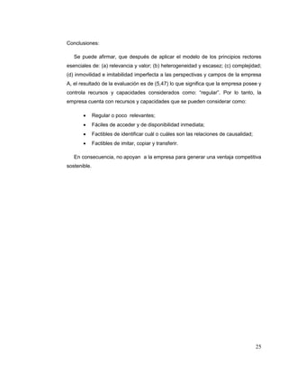 25
Conclusiones:
Se puede afirmar, que después de aplicar el modelo de los principios rectores
esenciales de: (a) relevancia y valor; (b) heterogeneidad y escasez; (c) complejidad;
(d) inmovilidad e imitabilidad imperfecta a las perspectivas y campos de la empresa
A, el resultado de la evaluación es de (5,47) lo que significa que la empresa posee y
controla recursos y capacidades considerados como: “regular”. Por lo tanto, la
empresa cuenta con recursos y capacidades que se pueden considerar como:
 Regular o poco relevantes;
 Fáciles de acceder y de disponibilidad inmediata;
 Factibles de identificar cuál o cuáles son las relaciones de causalidad;
 Factibles de imitar, copiar y transferir.
En consecuencia, no apoyan a la empresa para generar una ventaja competitiva
sostenible.
 