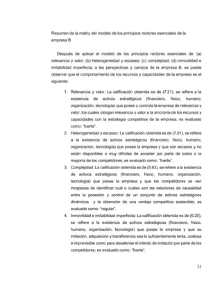 33
Resumen de la matriz del modelo de los principios rectores esenciales de la
empresa B
Después de aplicar el modelo de los principios rectores esenciales de: (a)
relevancia y valor; (b) heterogeneidad y escasez; (c) complejidad; (d) inmovilidad e
imitabilidad imperfecta; a las perspectivas y campos de la empresa B, se puede
observar que el comportamiento de los recursos y capacidades de la empresa es el
siguiente:
1. Relevancia y valor: La calificación obtenida es de (7.21), se refiere a la
existencia de activos estratégicos (financiero, físico, humano,
organización, tecnología) que posee y controla la empresa de relevancia y
valor; los cuales otorgan relevancia y valor a la sincronía de los recursos y
capacidades con la estrategia competitiva de la empresa; es evaluado
como: “fuerte”.
2. Heterogeneidad y escasez: La calificación obtenida es de (7.01), se refiere
a la existencia de activos estratégicos (financiero, físico, humano,
organización, tecnología) que posee la empresa y que son escasos y no
están disponibles o muy difíciles de acceder por parte de todos o la
mayoría de los competidores; es evaluado como: “fuerte”.
3. Complejidad: La calificación obtenida es de (5.63), se refiere a la existencia
de activos estratégicos (financiero, físico, humano, organización,
tecnología) que posee la empresa y que los competidores se ven
incapaces de identificar cuál o cuáles son las relaciones de causalidad
entre la posesión y control de un conjunto de activos estratégicos
dinámicos y la obtención de una ventaja competitiva sostenible; es
evaluado como: “regular”.
4. Inmovilidad e imitabilidad imperfecta: La calificación obtenida es de (6.20),
se refiere a la existencia de activos estratégicos (financiero, físico,
humano, organización, tecnología) que posee la empresa y que su
imitación, adquisición y transferencia sea lo suficientemente lenta, costosa
e imprevisible como para desalentar el intento de imitación por parte de los
competidores; es evaluado como: “fuerte”.
 